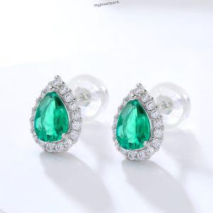 Pear Emerald Diamond Stud Earrings