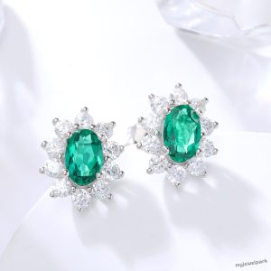 Flower Oval Emerald Diamond Stud Earrings