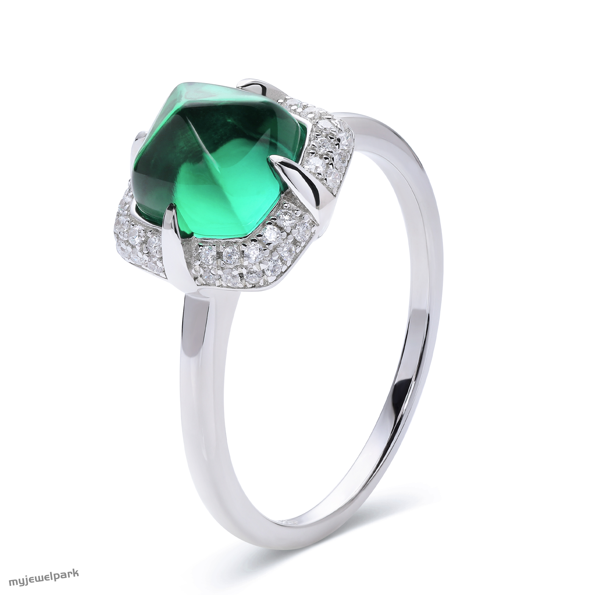14K White Gold Sugarloaf Zambian Emerald and Diamond Ring