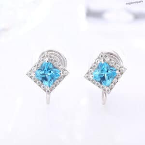 18K Gold Princess Lab Grown Blue Diamond Halo Earrings