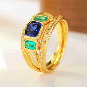 18K Gold Vintage Royal Sapphire and Emerald Trilogy Ring Set (Stackable Ring)