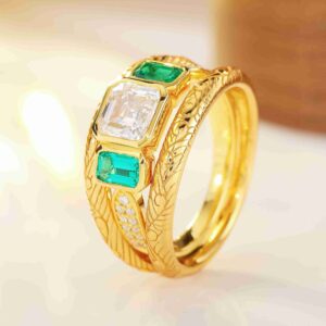 18K Gold Classic Vintage Moissanite and Emerald Trilogy Ring Set