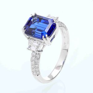 Royal Blue Sapphire Emerald Cut Trilogy Pavé Ring by MyJewelPark