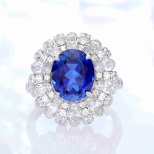 Royal Blue Sapphire Double Petal Halo Ring by MyJewelPark