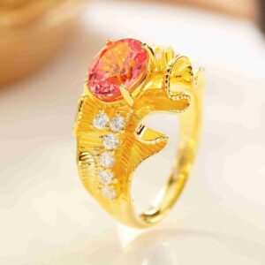 Victorian Inspired Feather Texture Padparadscha Sapphire Ring by MyJewelPark